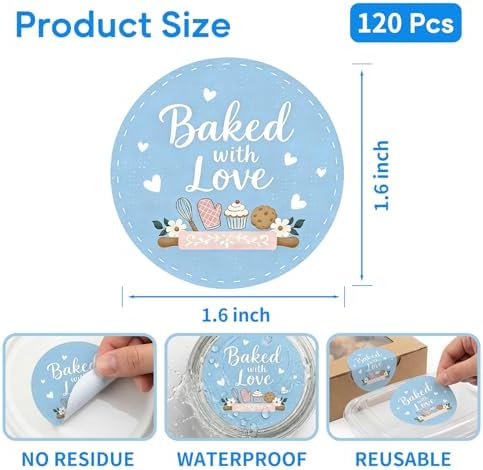 Baked with Love Stickers 120PCS 1.6 Inch Round Baking Labels for Cookies Cupcakes Dessert Table Treat Bags Gift Wrapping Birthday Party Candy Bags Homemade Packaging Small Business (Blue) - Image 2