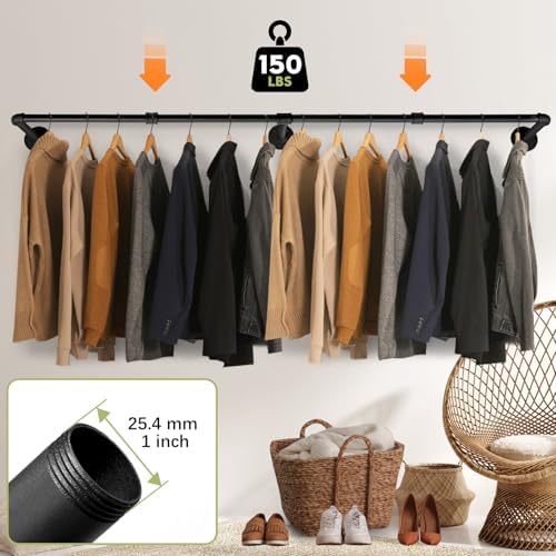 Industrial Pipe Clothing Rack, 66.1" Wall Mounted Clothes Rack Set of 2, Heavy Duty Closet Rod for Hanging Clothes, Space-Saving Detachable Iron Wall Garment Bar 3 Base - Image 4