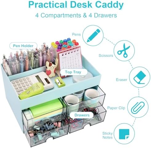 Meiikun Desk Organizer, Office Organizer with Drawer, Desk Accessories & Workspace Organizers, Pen Holder Office Supplies for Desk (4 Drawers+4 Compartments, Blue) - Image 3