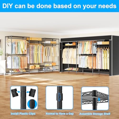 Ulif E13C Max Heavy Duty Closet Organizer System，Freestanding Clothing Racks for Hanging Clothes，Adjustable Garment Rack 86" W x16 D x77 H Hold 1100 lbs，Black Rack with Black Dustproof Cover - Image 4