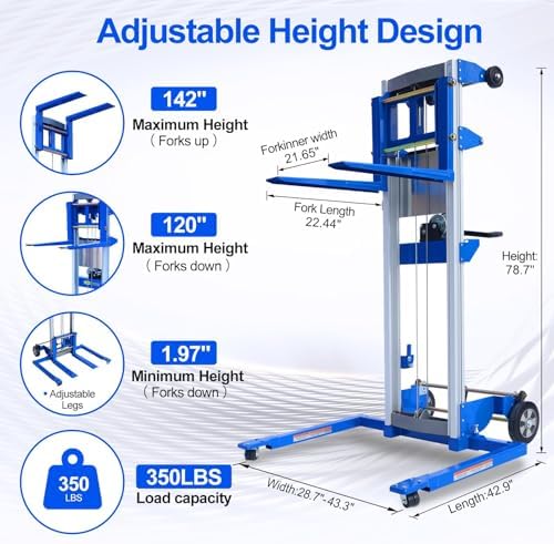 142" Material Lift Winch Stacker, Hand Winch Lift Truck with Adjustable Straddle Leg, Manual Material Lifter Pallet Stacker for Contractor, Workshop, Industrial, 350lbs - Image 2