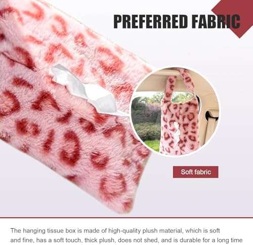 Leopard Print Car Tissue Bag, Cute Plush Hanging Tissue Holder, Multi-Functional Car Backseat Hanging Storage Bag, Universal for Small-Size Tissues (Pink) - Image 3