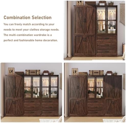 75" Tall Farmhouse 2 Doors Armoire Wardrobe Closet with 3 Drawers and LED,Freestanding Closet Wardrobe Cabinet for Bedroom with Hanging Rod,Wooden Armoire Storage Cabinet with Adjustable shelve(Brown) - Image 5