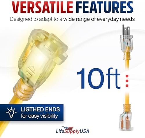 10ft Outdoor/Indoor Extension Cord 14/3 Gauge Heavy Duty 3 Prong SJTW, Waterproof, Flexible Cold-Resistant Long Power Cord,15A 125V 1875W, Yellow by LifeSupplyUSA - Image 6