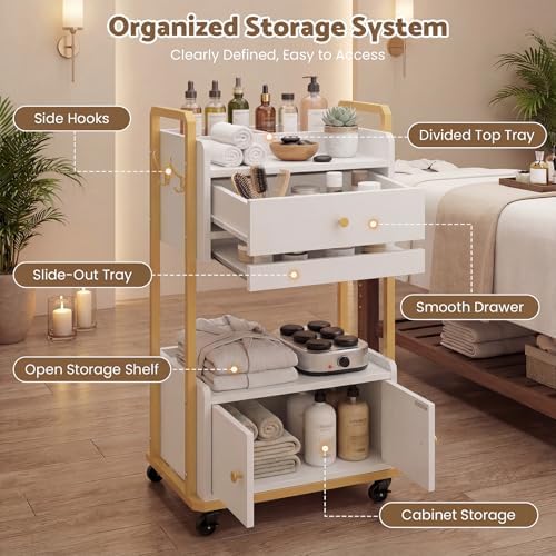 Salon Trolley Cart with Storage Cabinet for Beauty Spa & Salon Use, White - Image 3