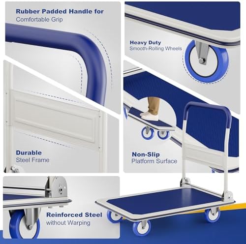 Foldable Push Cart Dolly | 660 lbs. Capacity | Heavy Duty Moving Platform Hand Truck with Swivel Wheels | Small Flatbed Cart | Space Saving Push Handle-y - Image 5