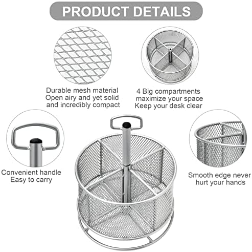Marbrasse Mesh Desk Organizer, 360-Degree Rotating Multi-Functional Pen Holder, 4 Compartments Desktop Stationary Organizer, Home Office Art Supply Storage Box Caddy (silver) - Image 4