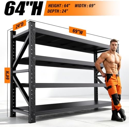 69"W Garage Shelving Heavy Duty Metal Storage Shelves, 4-Tier Garage Storage Shelves, Adjustable Industrial Shelving, Easy Assembly Garage Shelf Rack, Shelves for Garage Storage, Warehouse, 4 Pack - Image 3