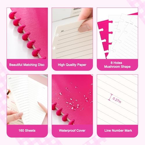 Discbound Notebook, 8-Disc Disbound Planner with Removable Pages, 180 Pages Spiral Notebook, Poly Cover Discbound Planner for Work, Travel, Note Taking(With Index Sticker),Rose Red,A4 - Image 3