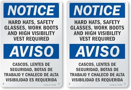 SmartSign - S-5992-AL-14 Notice - Hard Hats, Glasses, Boots, Vest Required Bilingual Sign By | 10" x 14" Aluminum (Pack of 2) by SmartSign