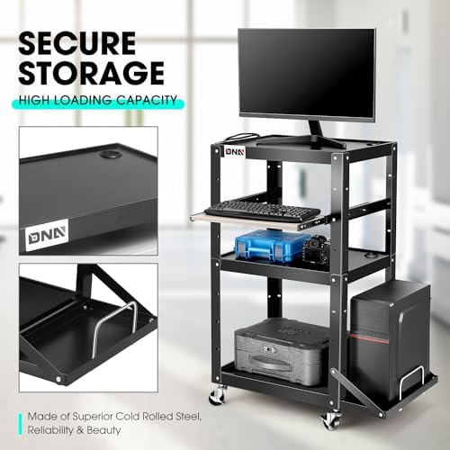 DNA Motoring Steel AV Cart 3-Layer Rolling Projector Utility Cart, 24" X 18" X 24.6"- 42.5" Height Adjustable, with Wheels, Pullout Keyboard Tray, Power Strip, Cord Management, TOOLS-00497 - Image 4