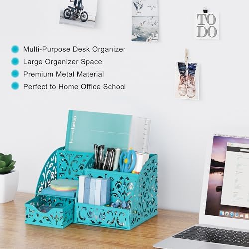 EasyPAG Desk Organizer and Pen Holder for Desk, Mesh Office Supplies Storage Caddy with Drawer for Small Space, Desktop Organizer for Home Office, Dark Teal - Image 3