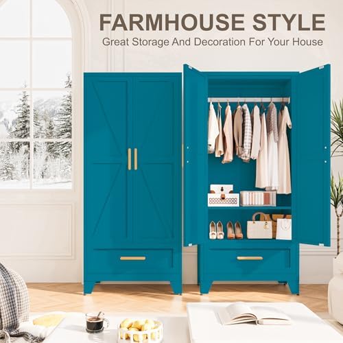 Baborokic Metal Wardrobe Cabinet,71 Armoire Wardrobe Closet with Drawers and Hanging Rod,Metal Armoire with Adjustable Shelves for Closet,Bedroom,Farmhouse Storage Cabinet with Drawer(Blue) - Image 5