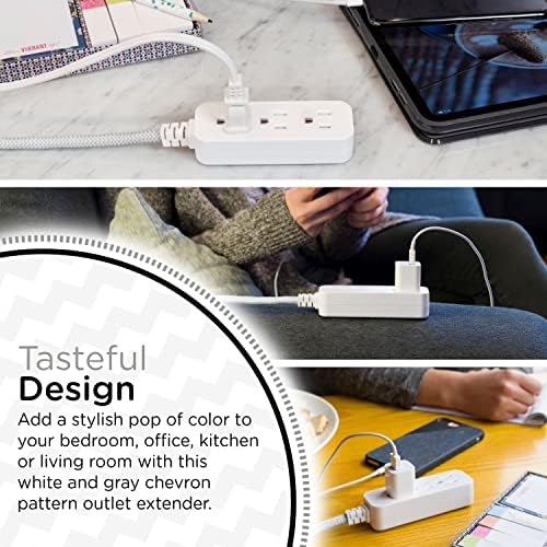 Cordinate Designer Mini 3-Outlet Power Strip, 18 in Braided Extension Cord, Grounded Adapter, Low-Profile Flat Plug, ETL Listed, White/Gray, 47297 (Pack of 12) - Image 5