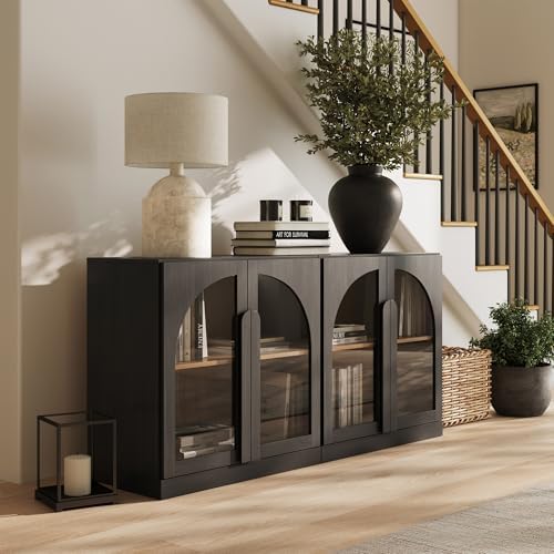 BELLEZE 2 Tier Bookshelf with Arched Glass Door, Set of 2 Modern Display Bookcase Shelf with Storage and Adjustable Shelves, 63" Wood Bookshelves for Living Room Office Entryway (Ebony) by BELLEZE