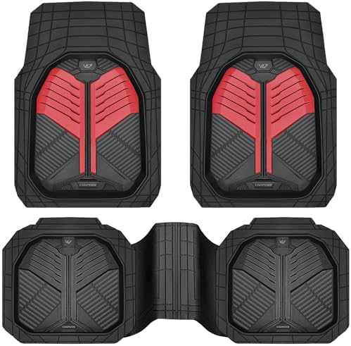 CAR PASS Heavy Duty Rubber Car Mats, Deep-Dish Car Floor Mats All Weather, Universal Two-Tone Trim-to-Fit for SUVs Trucks Sedans, Waterproof Anti-Slip, 3 Pieces V12 Black and Metallic Red by CARPASS