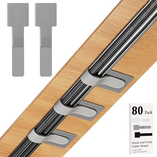 80PCS Hook and Loop Cable Straps, Cable Management Under Desk, Adhesive Cable Ties, Reusable Wire Organizers for Cords, Cords Management, Computer Accessories for Desk, Home Office Essentials, Gray by Sereficy