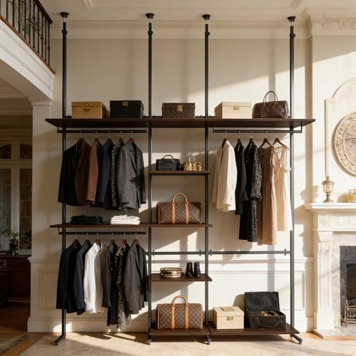 MZG Closet Organizer System, Freestanding Closet System with Wood Shelves & Hanging Rod, Adjustable Floor-to-Ceiling Open Wardrobe for Bedroom, Apartment & Walk-In Closet (16.8" D x72.1 W x 137.9" H) - Image 6