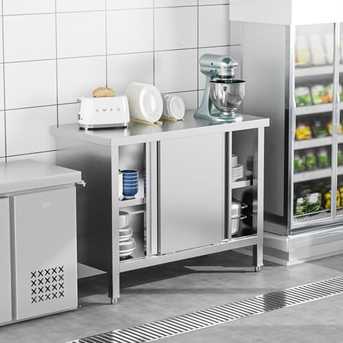 ROVSUN Stainless Steel Prep & Work Table with 2 Sliding Doors, 39 x 19 Inches, Commercial Kitchen Metal Table for Restaurant Home Hotel Garage by ROVSUN