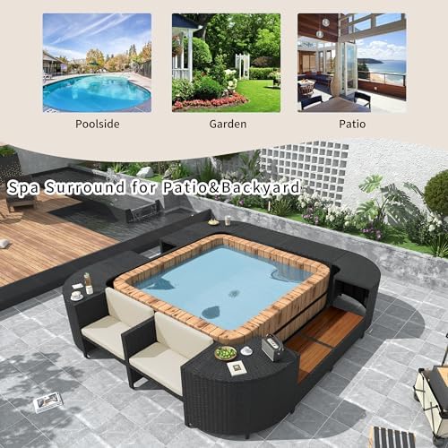 Outdoor Spa Surround Sofa Set Rattan Sectional Hot Tub Frame with Cushioned & Wooden Seats, Storage Cabinets & Table Surfaces for 74" Portable Spa, All-Weather Quadrilateral Hot Tub Surround, Beige - Image 6