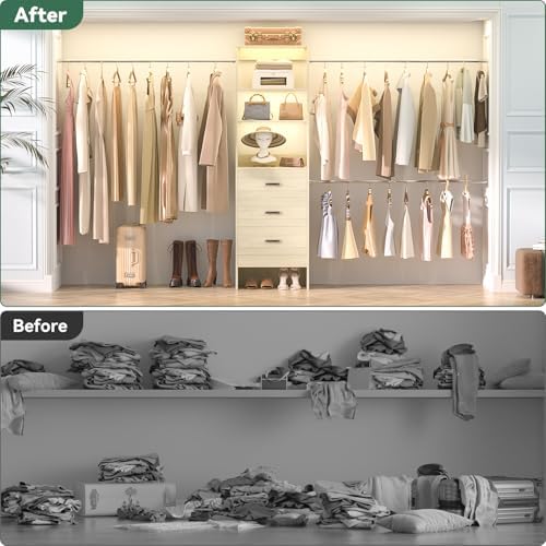 Besiost 96'' Closet Organizer System with 3 Hanging Rods, 8FT Closet Organizers and Storage with 3 Wooden Drawers, Built in Closet Organizer Systems, Adjustable Walk-in Wardrobe from 2-8FT, White Oak - Image 4