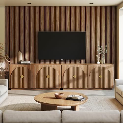 BELLEZE Set of 2 Fluted Buffet Cabinet with Storage, 65 Inch Symmetrical Arc Accent Sideboard Large Console for Kitchen, and Living Room (Caramel Brown) by BELLEZE