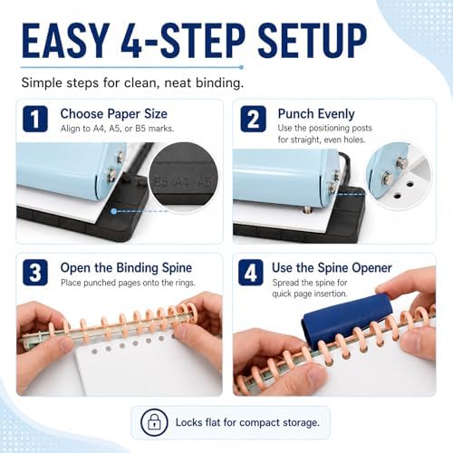10 Hole Punch Binding Machine Kit for Planner (Blue) with 10 Multi-Color Spiral Coils, Adjustable A4 A5 B5 Paper Puncher, DIY Notebook Scrapbook Maker for Home Office School Organization - Image 6