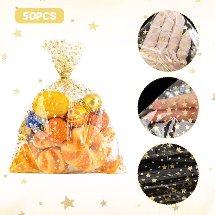 COQOFA 11" X 14" Cello Cellophane Treat, Party Favor, Candy, Cookie and Goodie Plastic Storage Bags for Bakery, Birthday, Wedding, Party - 50 pcs Gold - Image 3