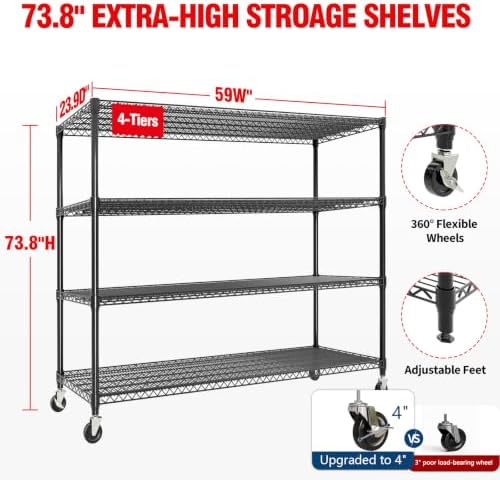 73.8" H Storage Shelves 4-Tiers Heavy Duty Shelving Unit with Wheels, 2640LBS Garage Shelving for Pantry Garage Kitchen Home Commercial, 73.8" H x 59" W x 23.9" D - Image 2