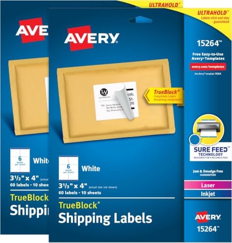 Avery TrueBlock Shipping Labels, Sure Feed, Permanent, 3-1/3" x 4", White, 120 Labels Total (32134) (Pack of 10) by Avery