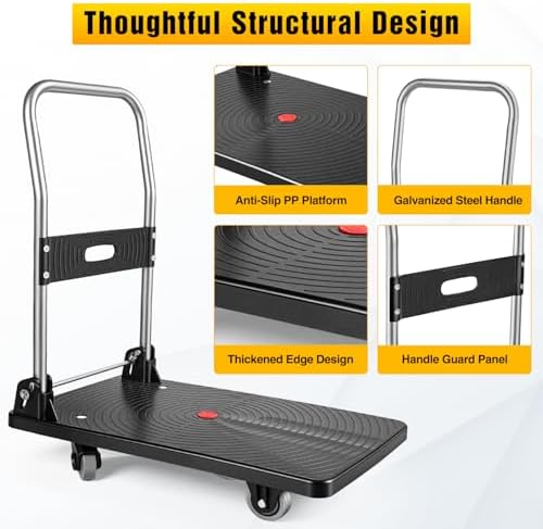 Foldable Platform Cart 220 lbs Push Dolly with 3 Inch PU Wheels PP Deck Flatbed Cart for Home Garage Office Use Black - Image 5