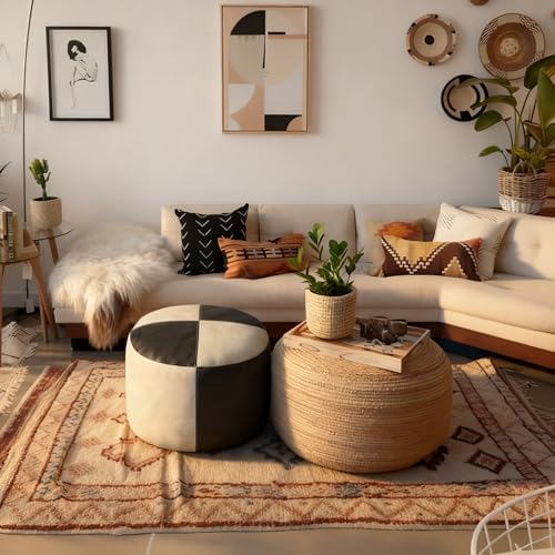 Thgonwid Unstuffed Faux Leather Pouf Cover, Handmade Footstool Ottoman Storage Solution, Floor Footrest Cushion - 16.5”Dx12”H, Black & White - Image 2