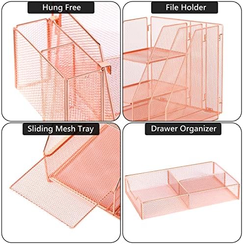 Topwey Rose Gold Desk Accessories, Office Supplies Desk Organizer Caddy with Sliding Drawer, Double Tray, File Organizer and pen holder for Home, Office School - Image 5