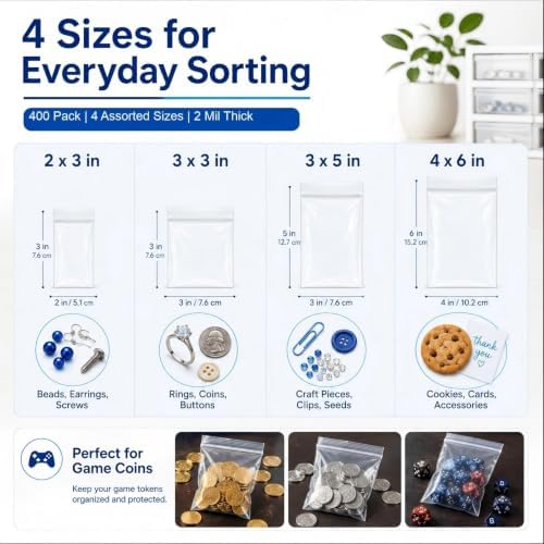 Small Plastic Bags for Jewelry, 4 Assorted Sizes 2x3, 3x3, 3x5, 4x6 Inch - Image 2