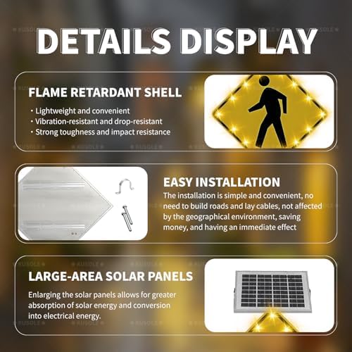 24x24in Solar Pedestrian Crossing Sign Flashing LED Highlight Road Traffic Blinking Street Warning Sign, Aluminum IP65 Weatherproof Crosswalk Signs for Park School Urban 30inches - Image 5