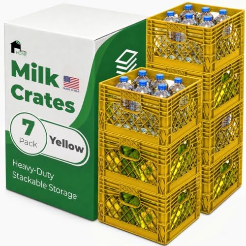 EconoHome Milk Crate - Stackable Storage Crate with Built-In Handles - Heavy Duty Plastic Material - Ventilated Organizer Bin for Garage, Pantry, Classroom, Office & Moving - Yellow, 13x13x11, 7-Pack by EconoHome