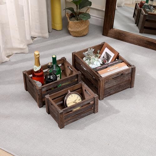 Set of 3 Nesting Wooden Crates, Small Rustic Farmhouse Wood Storage Boxes with Handles, Stackable Compact Organizer Bins for Kitchen Bathroom Bedroom Decor, 3 Sizes & 3 Colors (White, Brown, Black) - Image 4