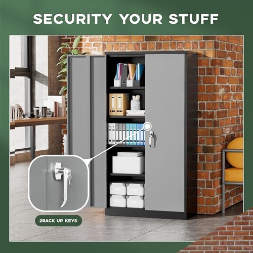 Greenvelly Metal Garage Storage Cabinet, 72" Black Gray Tool Steel Locking Cabinet with Doors and 4 Shelves, Tall Cabinets for Garage Storage Systems Lockable File Cabinet for Home Office,Garage - Image 4