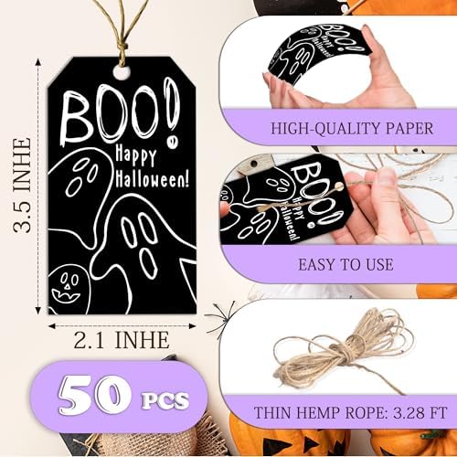 Black Halloween Paper Gift Tags with String-50Pcs, Happy Halloween Cute Ghost Boo Tags for Goodie Bags, 2 x 3.5 Inch Writable Waterproof Hanging Labels for Decor Party Supplies, Gift Wrapping-B09 - Image 2