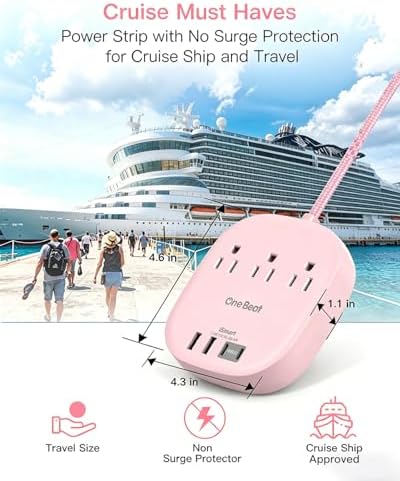 Cruise Ship Travel Essentials, 22.5W/4.5A Flat Plug Power Strip, Pink - Image 5