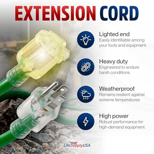 6ft Outdoor/Indoor Extension Cord 14/3 Gauge Heavy Duty 3 Prong SJTW, Waterproof, Flexible Cold-Resistant Long Power Cord,15A 125V 1875W, Green by LifeSupplyUSA - Image 2