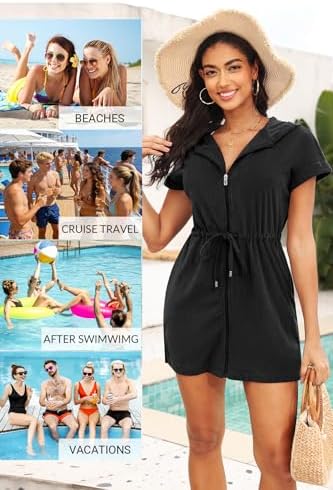 Womens Terry Cloth Cover Up Hooded Swim Cover with Zipper and Pocket - Image 6