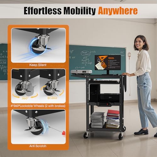 All-Steel Rolling AV Cart with Adjustable Height & Built-in Power – Heavy-Duty Media Workstation with Drop-Leaf Shelves & Wheels for Projectors, Laptops, Printers – Classroom, Office & Studio, Black - Image 5
