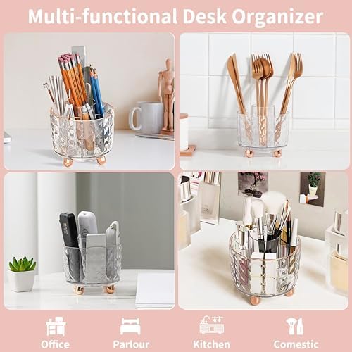 Rose Gold Desk Accessories, Office Supplies Desk Organizers 360°Pen Holder Acrylic Stapler Set, Phone Holder, Ballpoint Pen, Scissor, Binder Clips, Ruler, Transparent Glue, Sticky Note and Staples. - Image 4