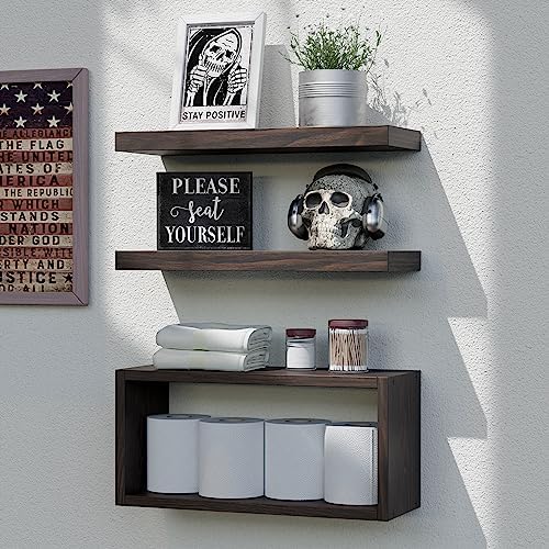 RICHER HOUSE 3-Set Walnut Floating Wall Shelves, Bathroom Shelf Over Toilet by RicherHouse