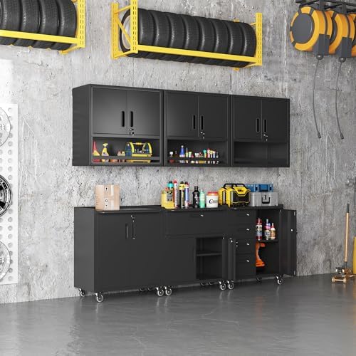 Black Garage Storage Cabinets System 6 PCS Workshop Set with Drawers Locking Heavy Duty Rolling Cart with Adjustable Shelves Garage Tool Workbench Cabinets,6pcs-2 - Image 2