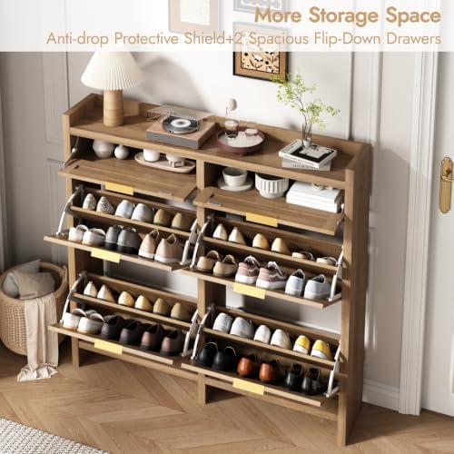 HOKYHOKY Large Rattan Shoe Storage Cabinet with 4 Flip Drawers & 2 Storages - Image 5
