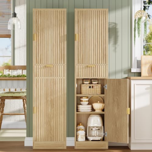 TEENFON 66.9″ Storage Cabinet with 1 Drawer and 2 Doors, Tall Bathroom Storage Cabinet with Adjustable Shelves, Rattan Fluted Cabinet for Bathroom, Living Room, Kitchen, Natural Oak - Image 2