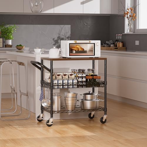 NTE Rolling Kitchen Carts on Wheels, 650Lbs Capacity 3 Tier Utility Cart with Wood Tabletop, Kitchen Storage Cart with 8 Hooks, Metal Serving Cart with Handle and Shelf Liners for Kitchen, Black - Image 2