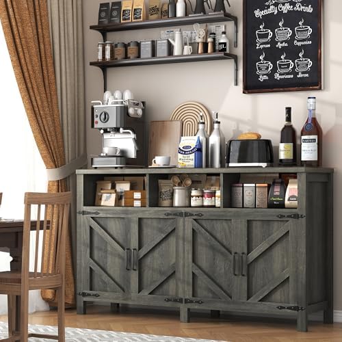 knoworld Buffet Sideboard with Storage Farmhouse, Large Kitchen Storage Cabinet Wood Coffee Bar Cabine Buffet for Kitchen, Living Room, 55in, Grey - Image 5